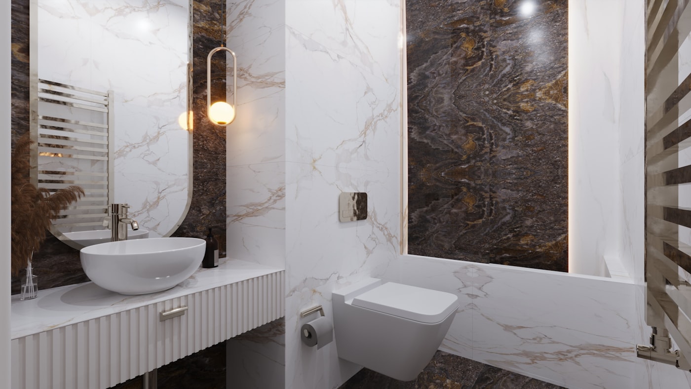 Zeitgenössisches Badezimmer mit durchgehendem Fliesenbelag