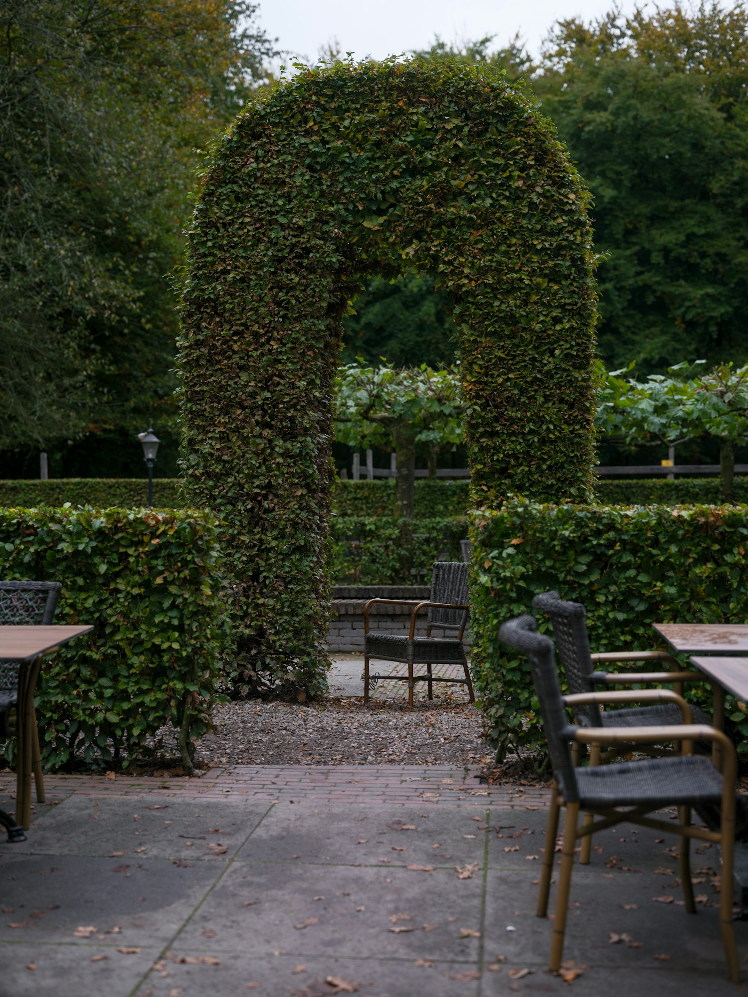 Sitzplatz unter grünem Laubengang mit Pflanzbeeten