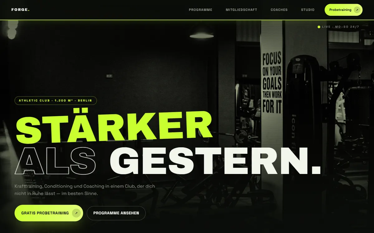 Vorschau der Beispiel-Website FORGE für Fitnessstudio