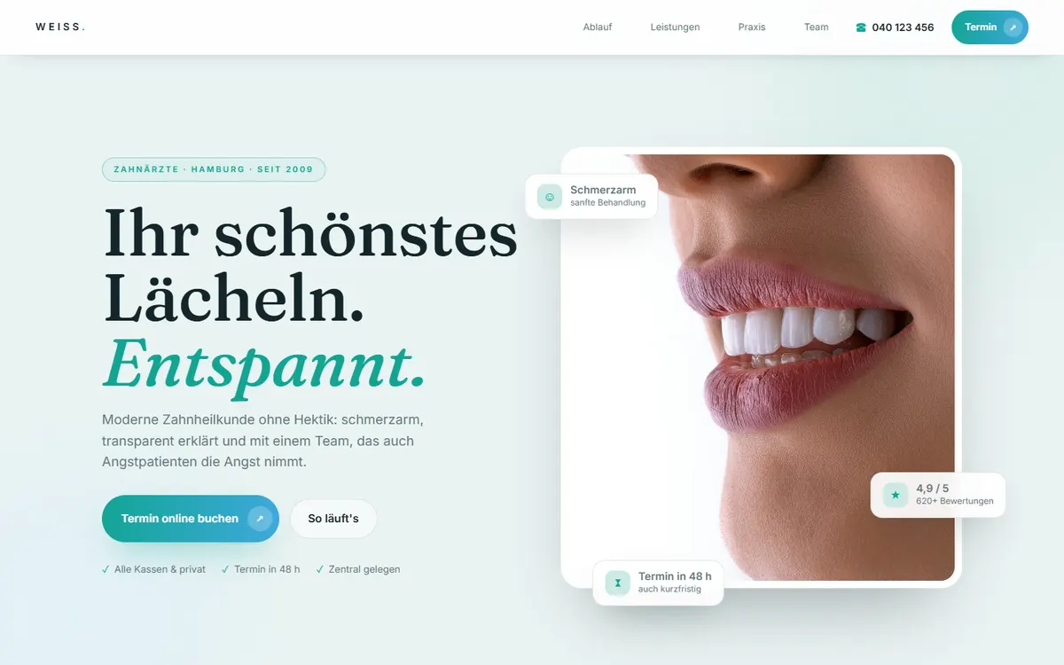 Vorschau der Beispiel-Website WEISS für Zahnarztpraxis