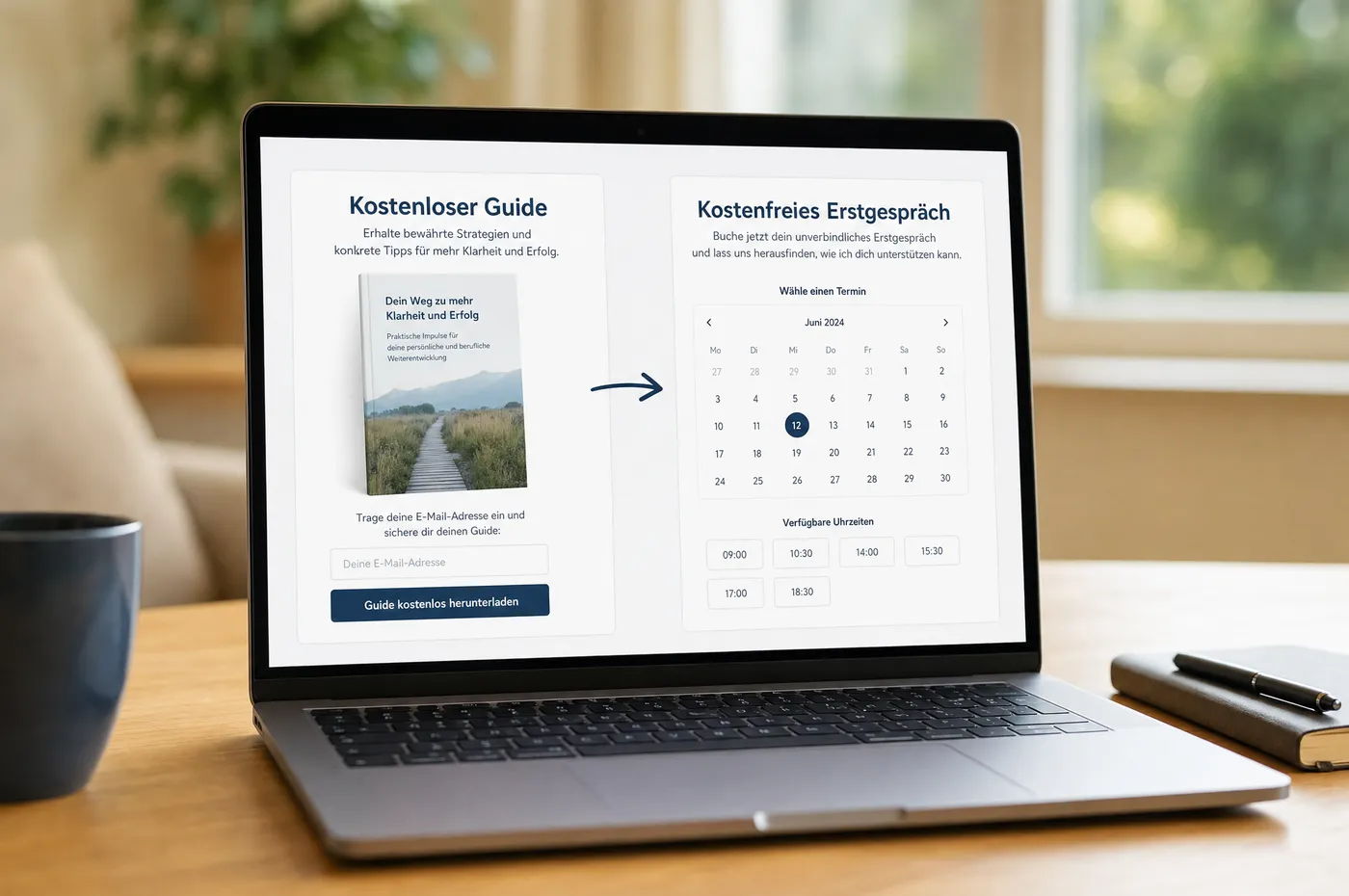 Laptop mit einer Coaching-Website: links ein kostenloser Leitfaden zum Download mit einem einzigen E-Mail-Feld, rechts ein Buchungskalender für ein Erstgespräch