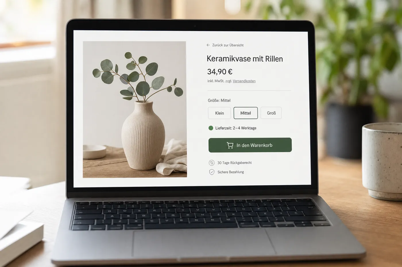 Laptop mit einer Shop-Produktseite: großes Produktfoto links, rechts Bezeichnung, Preis, Größenauswahl, Lieferzeit und eine Schaltfläche zum Warenkorb