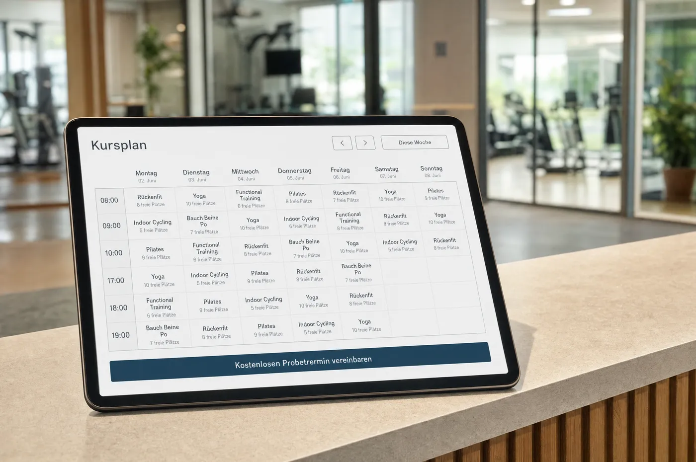 Tablet am Empfang mit Kursplan: Kurse, Uhrzeiten, freie Plätze und Schaltfläche für ein Probetraining
