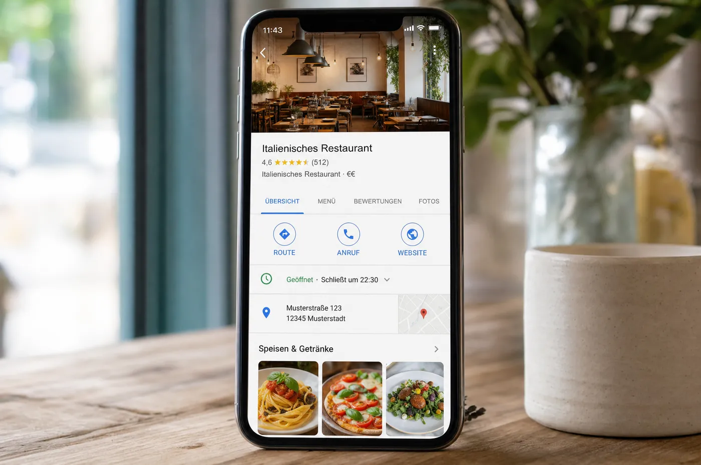 Smartphone mit dem Unternehmensprofil eines Restaurants in der Suche: Titelbild, Sternebewertung, Öffnungszeiten als geöffnet markiert, Schaltflächen für Route, Anruf und Website