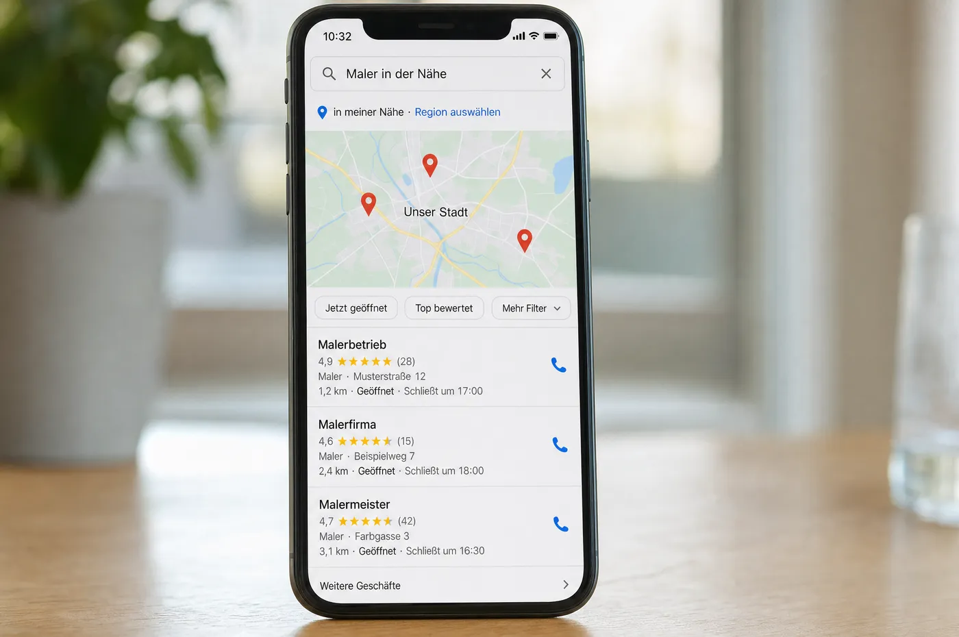Smartphone mit einem lokalen Suchergebnis für einen Maler: Kartenausschnitt mit drei Markierungen, darunter Einträge mit Bewertung, Entfernung und Öffnungsstatus