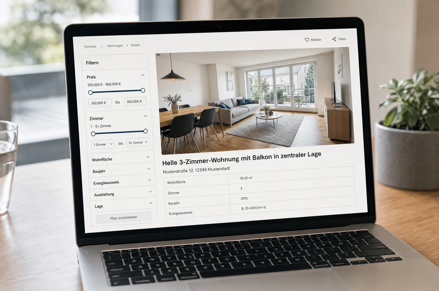 Laptop mit einer Objektseite: großes Foto einer Wohnung, darunter eine Datentabelle mit Wohnfläche, Zimmerzahl, Baujahr und Energiewert, links Filter für Preis und Zimmer