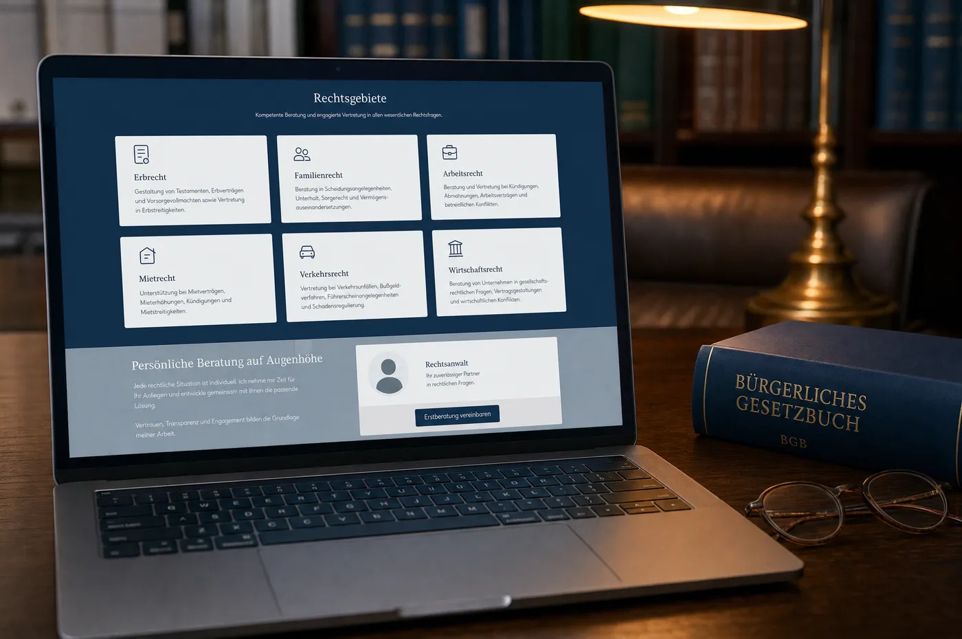 Laptop mit einer Kanzlei-Website: Rechtsgebiete als Karten, darunter ein Profil und die Schaltfläche für ein Erstgespräch