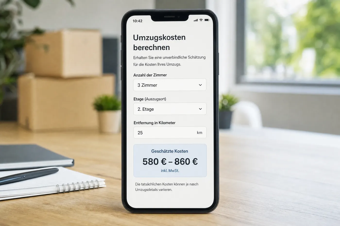 Smartphone mit einem Umzugskosten-Rechner: Eingaben für Zimmerzahl, Etage und Entfernung, darunter eine geschätzte Preisspanne in Euro