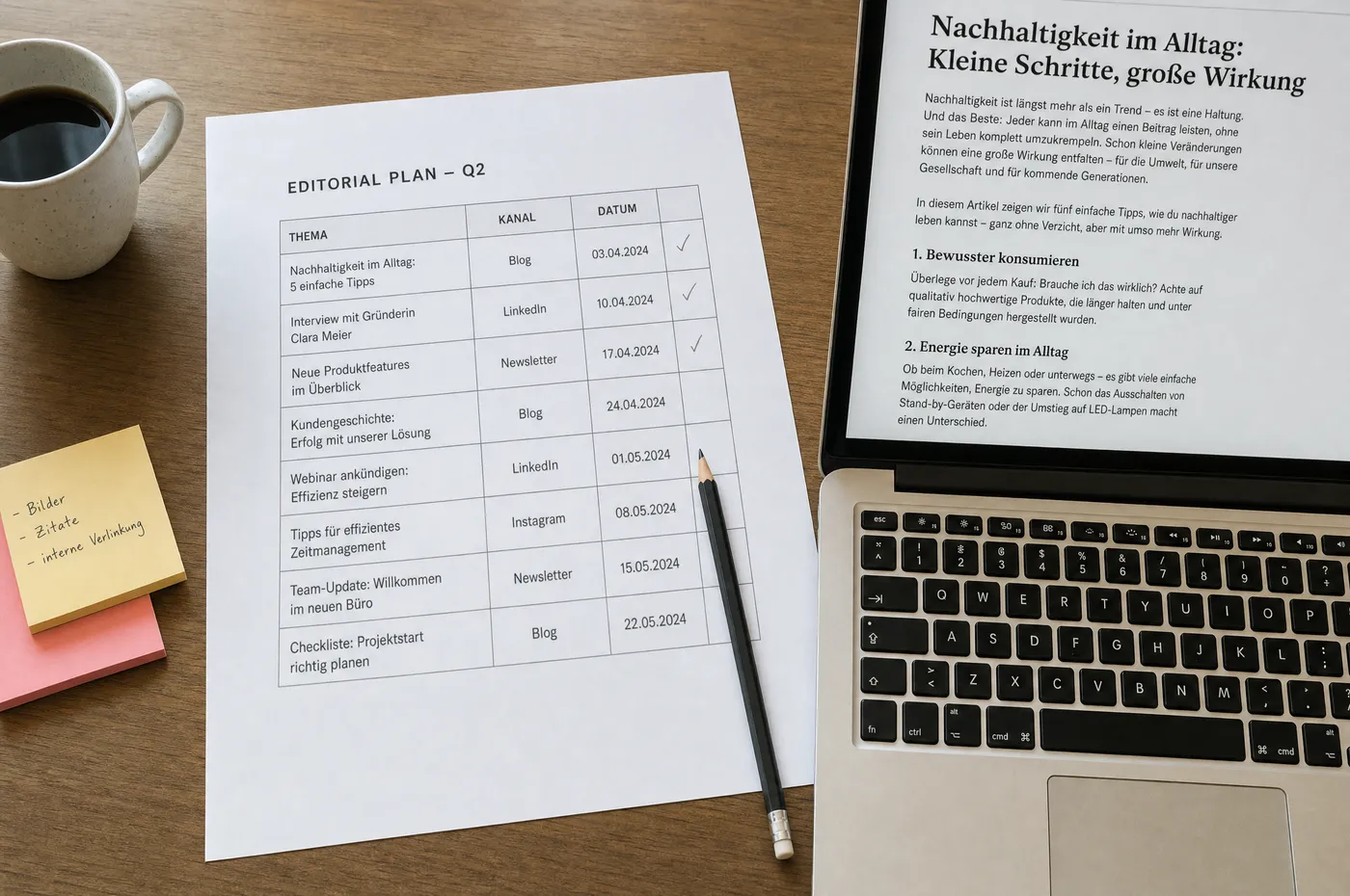 Schreibtisch mit ausgedrucktem Redaktionsplan und einem Laptop mit Artikelentwurf