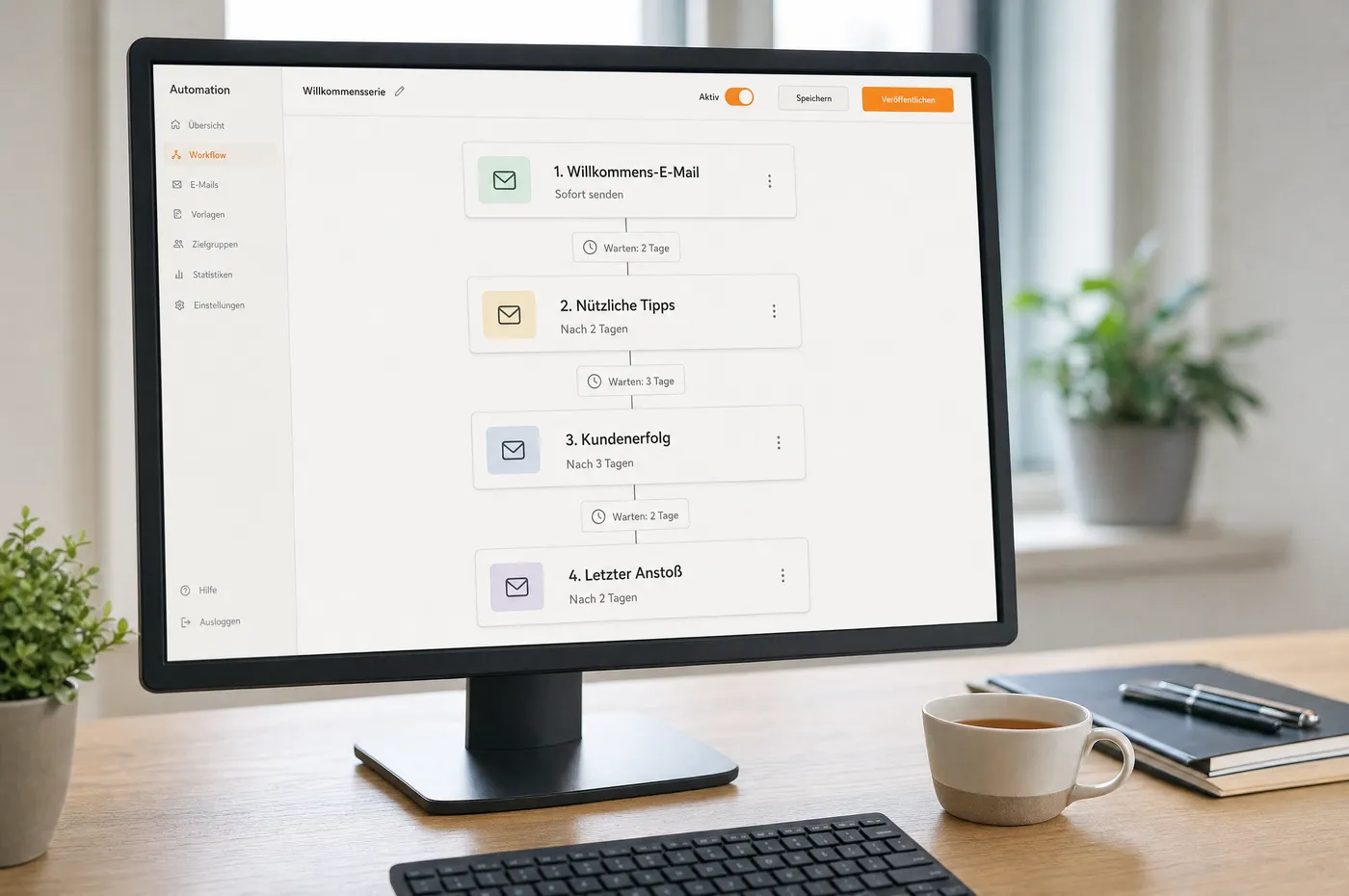 Bildschirm mit einer E-Mail-Automation: vier aufeinanderfolgende Schritte mit Wartezeiten dazwischen