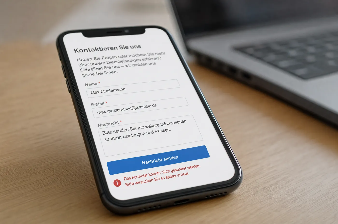Smartphone mit einem ausgefüllten Kontaktformular und einer roten Fehlermeldung unter dem Absenden-Button