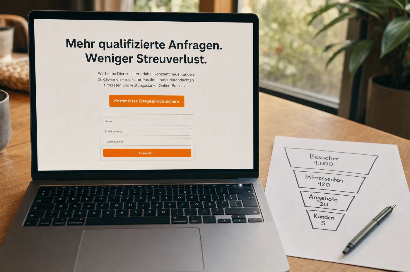 Laptop mit einer Landingpage samt Formular, daneben eine handgezeichnete Trichterskizze mit vier Stufen