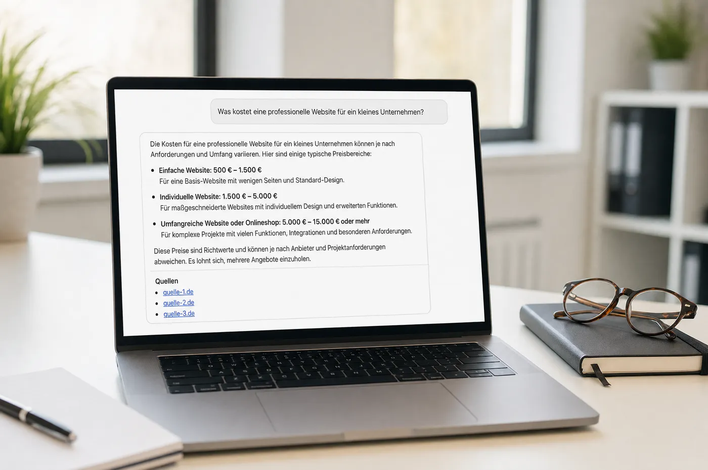 Laptop mit einer KI-Chat-Antwort auf die Frage nach Website-Kosten, darunter drei Quellenangaben