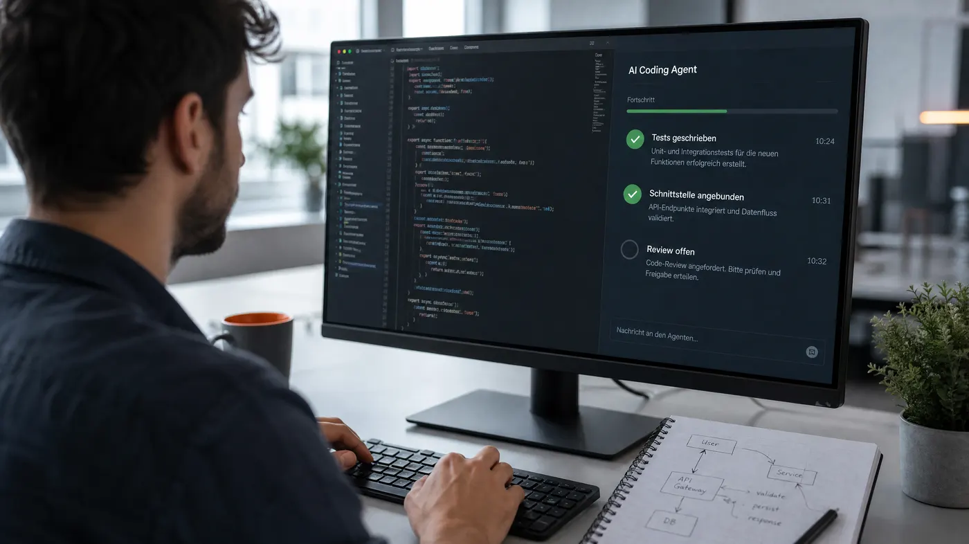 Entwickler vor einem Monitor: links der Code-Editor, rechts ein KI-Agent mit erledigten Schritten wie Tests geschrieben und Schnittstelle angebunden, daneben eine handgezeichnete Ablaufskizze