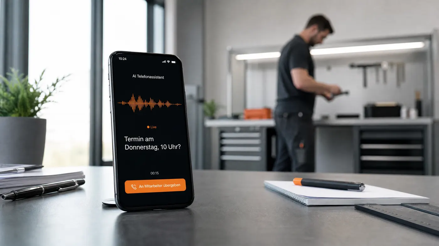 Smartphone auf einer Werkbank mit einem KI-Telefonassistenten: Sprachwelle, Live-Mitschrift einer Terminanfrage und Schaltfläche zur Übergabe an einen Mitarbeiter, im Hintergrund ein Handwerker bei der Arbeit