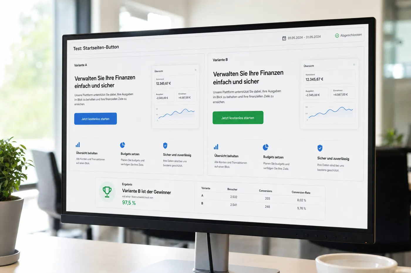 Bildschirm mit zwei Varianten derselben Landingpage nebeneinander, darunter ein Ergebnisfeld mit der Gewinner-Variante