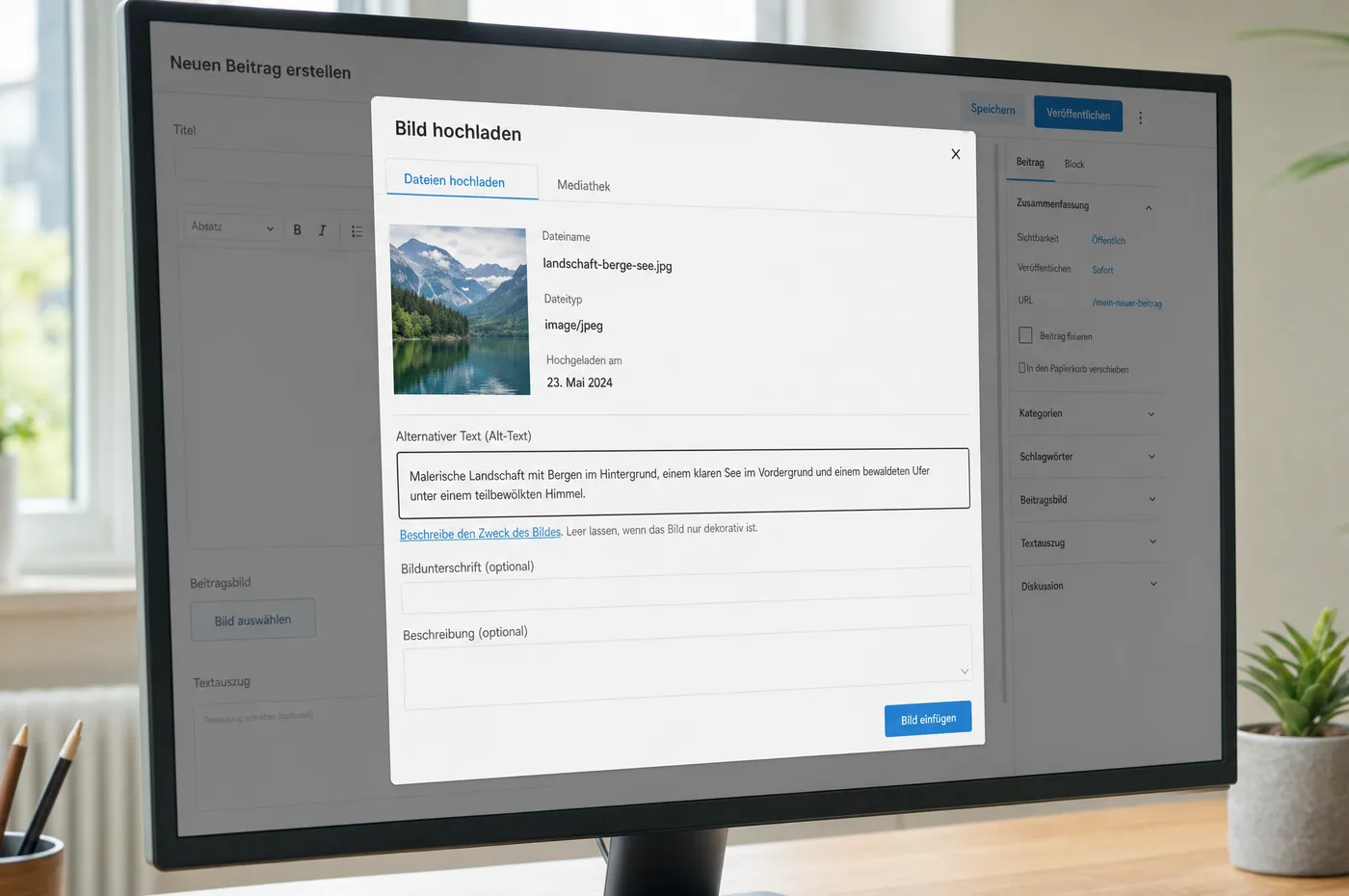 Bildschirm mit einem Upload-Dialog: Eingabefeld für den Alternativtext, daneben eine kleine Bildvorschau