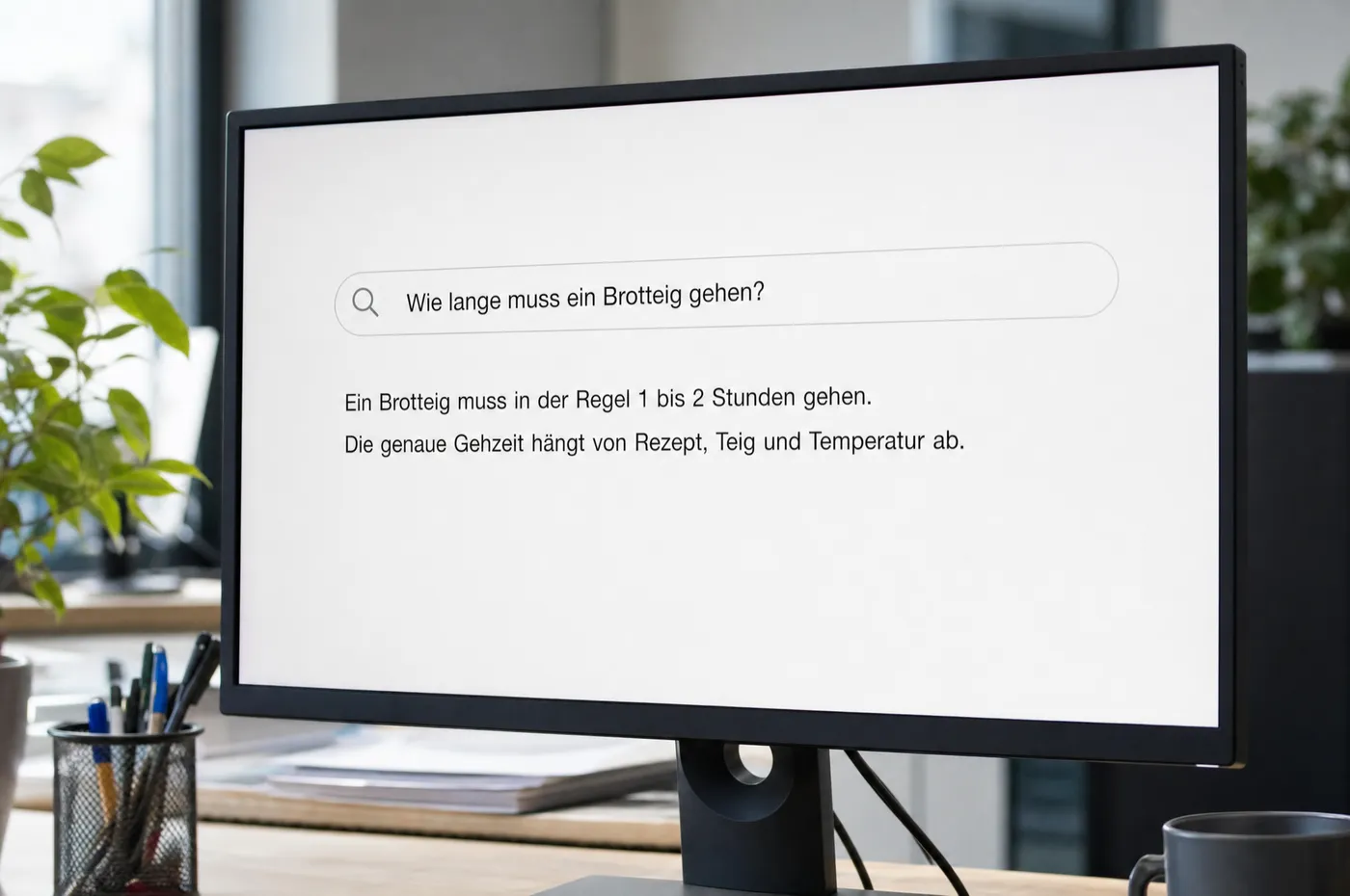 Bildschirm mit einer eingetippten Frage und darunter einer einzelnen direkten Antwort statt einer Trefferliste