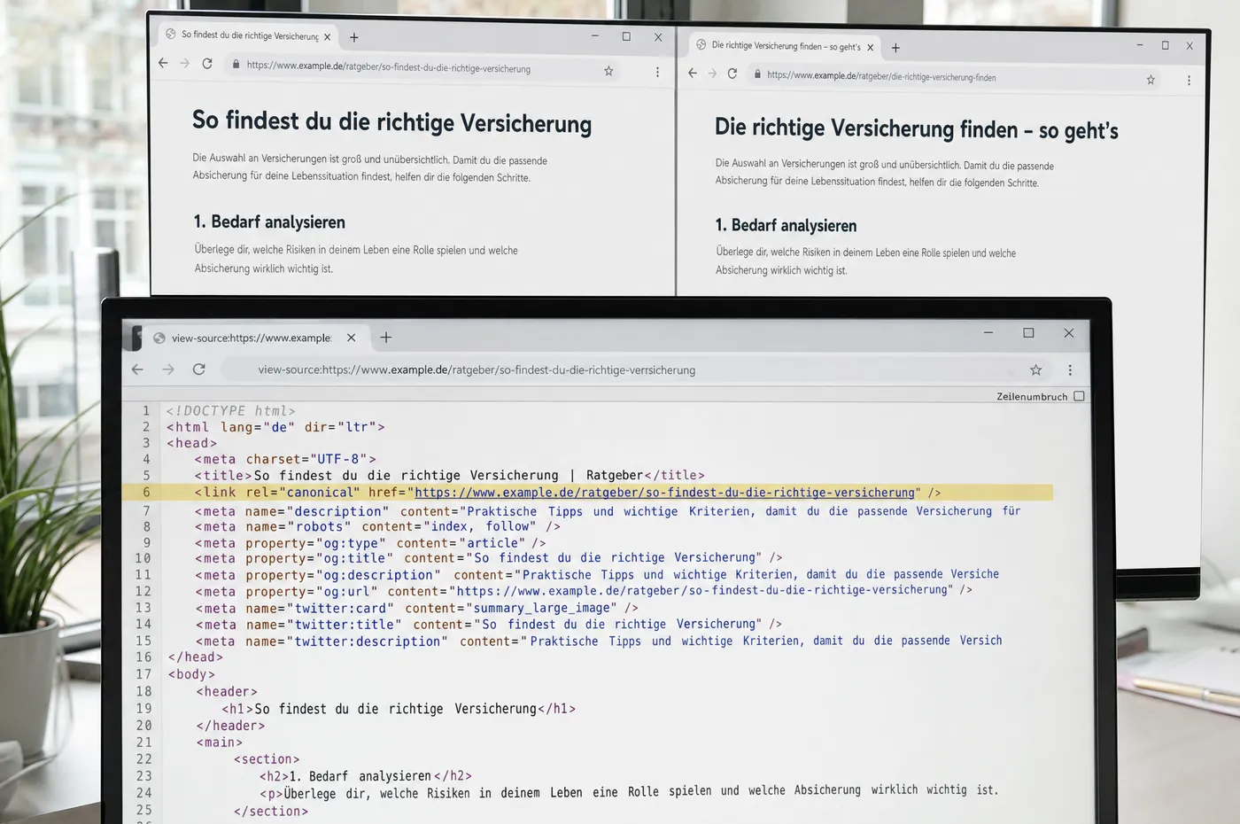 Bildschirm mit HTML-Quelltext, in dem die Canonical-Zeile hervorgehoben ist, dahinter zwei fast identische Seiten