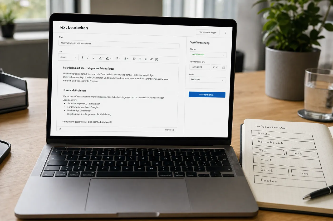 Laptop mit einem Redaktionssystem: Textblock, Werkzeugleiste und Veröffentlichen-Schaltfläche, daneben eine Seitenstruktur auf Papier