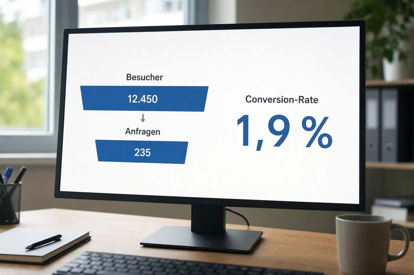 Bildschirm mit einem Trichter aus zwei Balken für Besucher und Anfragen, daneben die daraus errechnete Conversion-Rate in Prozent