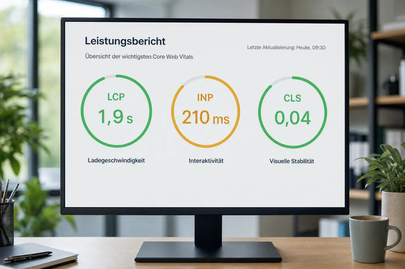 Bildschirm mit drei runden Messanzeigen nebeneinander, beschriftet mit LCP, INP und CLS, zwei grün und eine gelb