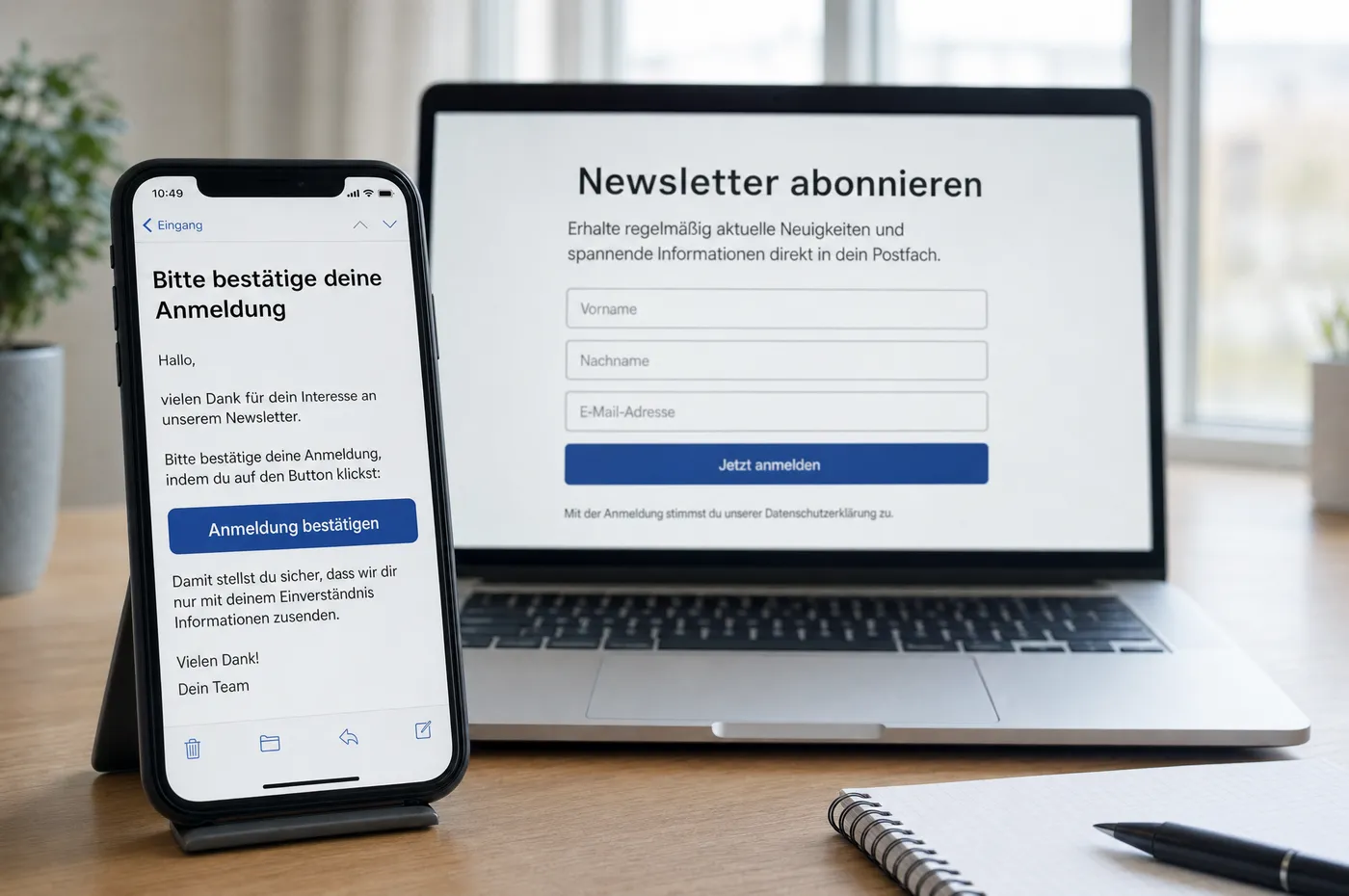 Smartphone mit einer Bestätigungs-E-Mail und einer einzelnen Schaltfläche, dahinter ein Laptop mit Newsletter-Anmeldung