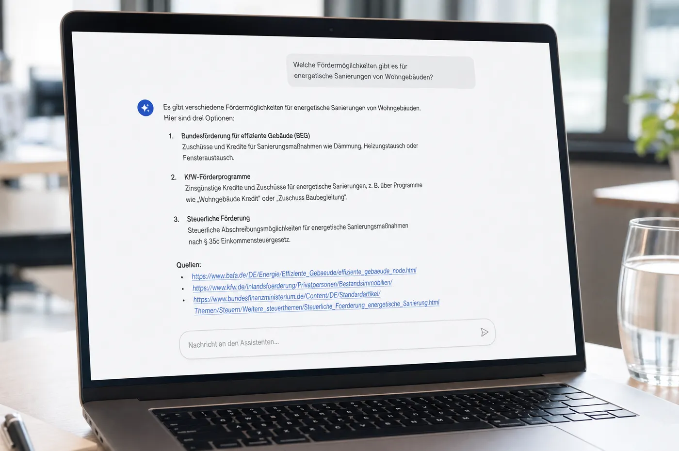 Laptop mit einer KI-Antwort, die drei Optionen nennt und darunter Quellen auflistet