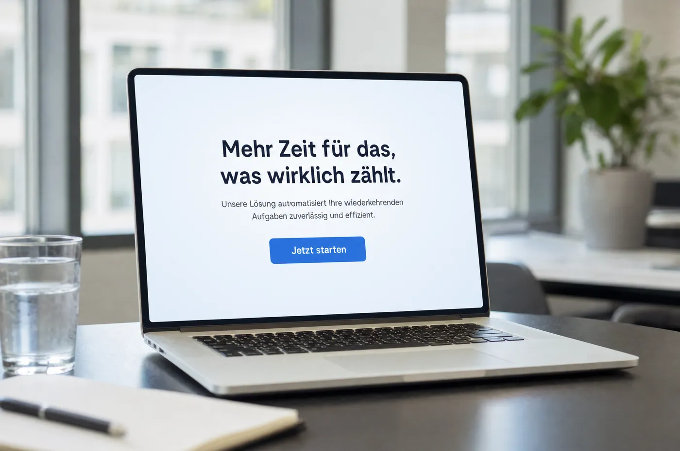 Laptop mit einer fokussierten Landingpage: eine Überschrift, ein Absatz, eine Schaltfläche, keine Navigation