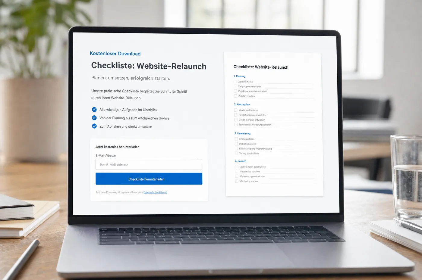 Laptop mit einer Download-Seite: Vorschau einer Checkliste und ein kurzes Formular, das nur nach der E-Mail-Adresse fragt