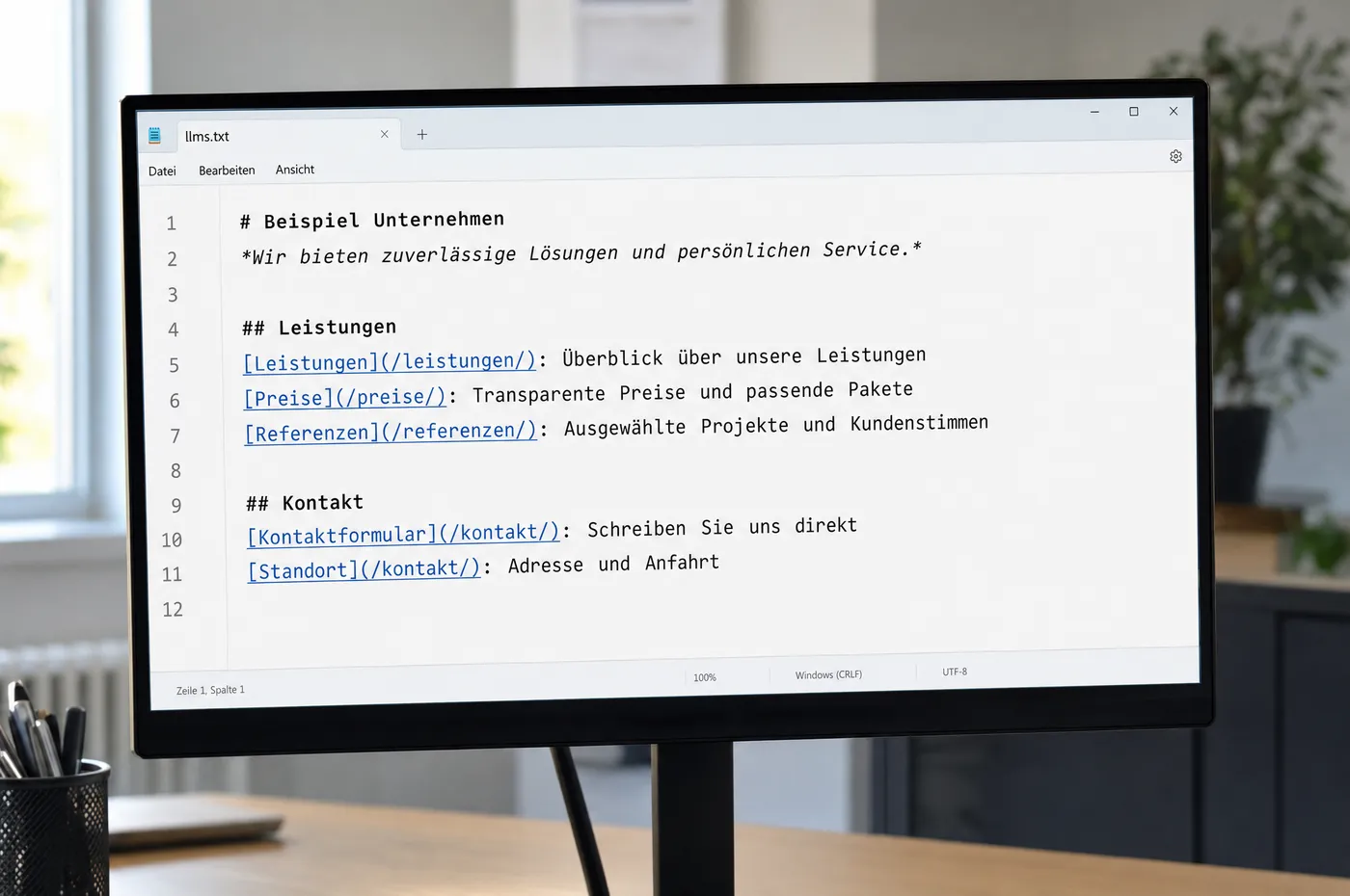 Bildschirm mit einer Textdatei im Editor: Überschrift, kurze Zusammenfassung und darunter Listen mit Links auf die wichtigsten Seiten, im Tab der Dateiname llms.txt