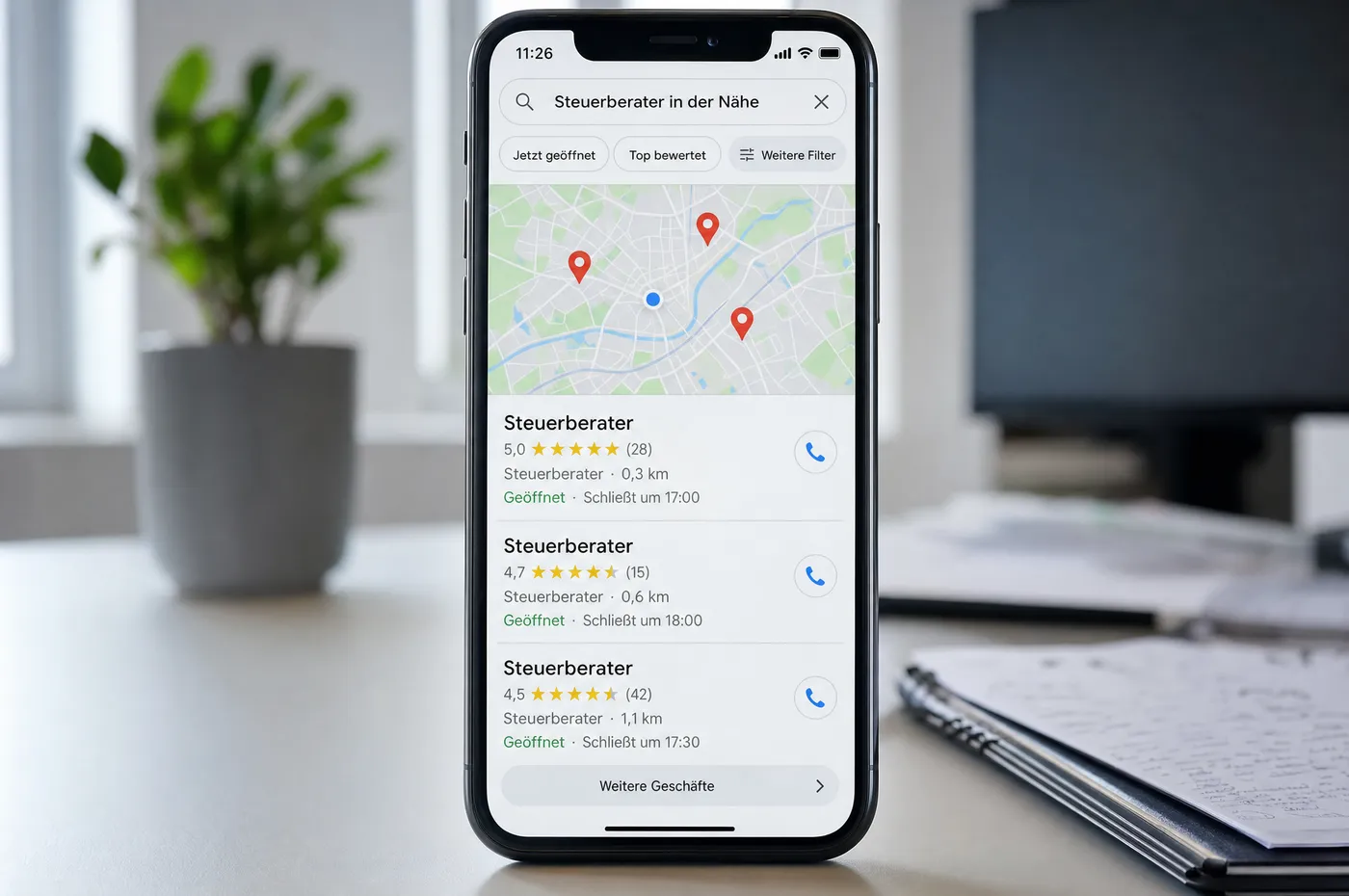 Smartphone mit einem lokalen Suchergebnis: Kartenausschnitt mit Markierungen und darunter drei Einträge mit Bewertung und Entfernung