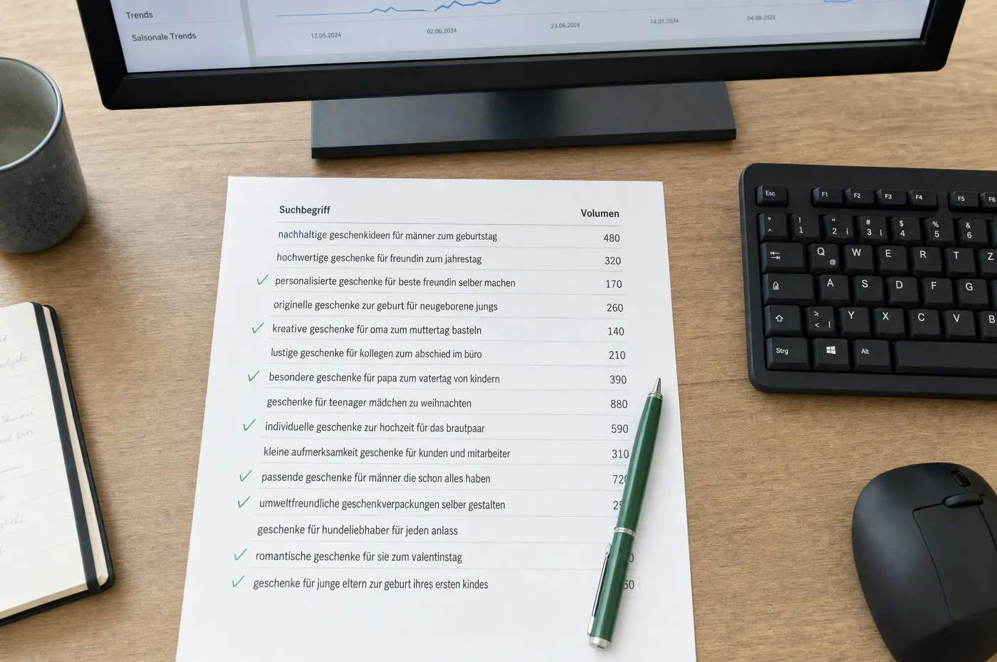 Ausgedruckte Liste langer Suchphrasen mit kleinen Volumenangaben, die längeren Zeilen mit grünem Stift markiert