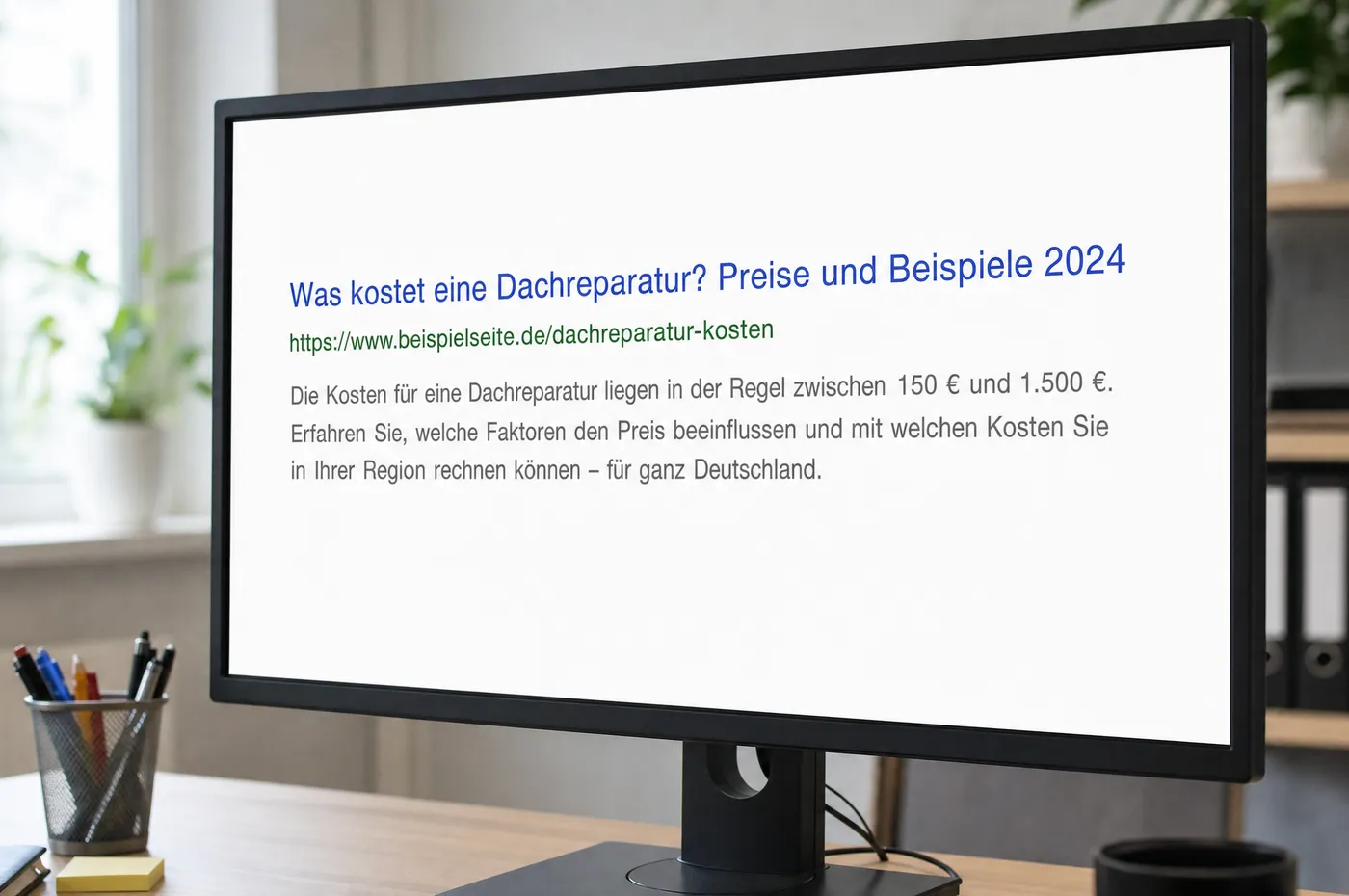 Bildschirm mit einem vergrößerten Suchergebnis: blauer Titel, grüne Adresse und darunter der graue Beschreibungstext
