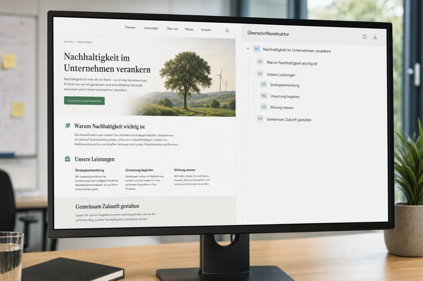 Bildschirm mit einer Webseite links und ihrer Überschriftenstruktur als eingerückte Gliederung rechts