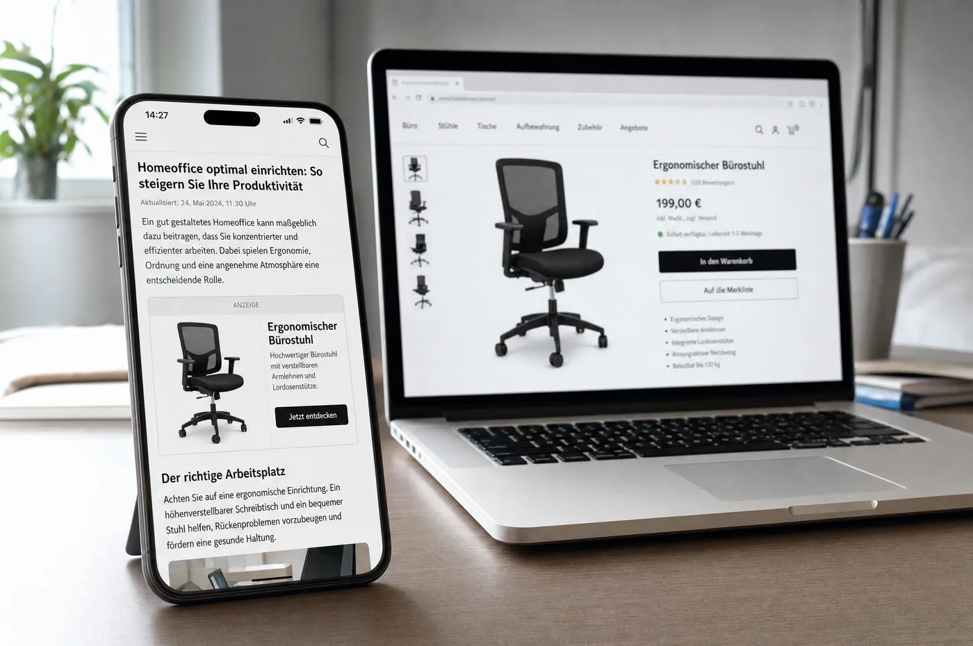 Smartphone mit einer Produktanzeige auf einer Website, daneben ein Laptop mit derselben Produktseite im Browser