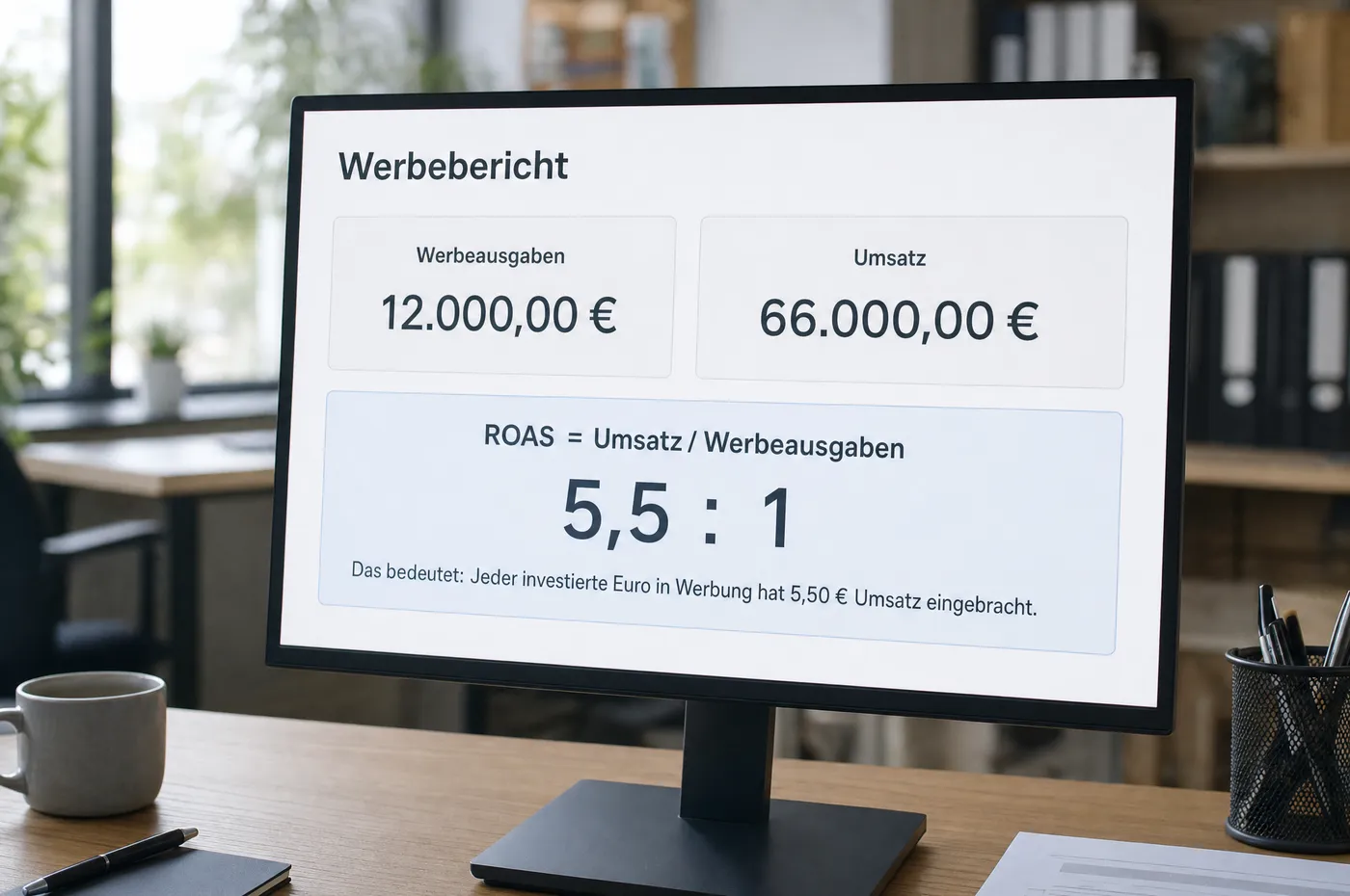 Bildschirm mit einem Werbebericht: Ausgaben und Umsatz nebeneinander, darunter das errechnete Verhältnis
