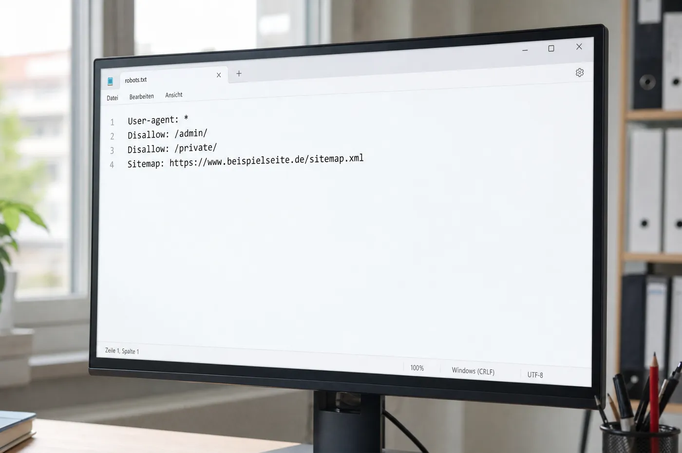 Bildschirm mit einem Texteditor, wenige kurze Anweisungszeilen, im Tab der Dateiname robots.txt
