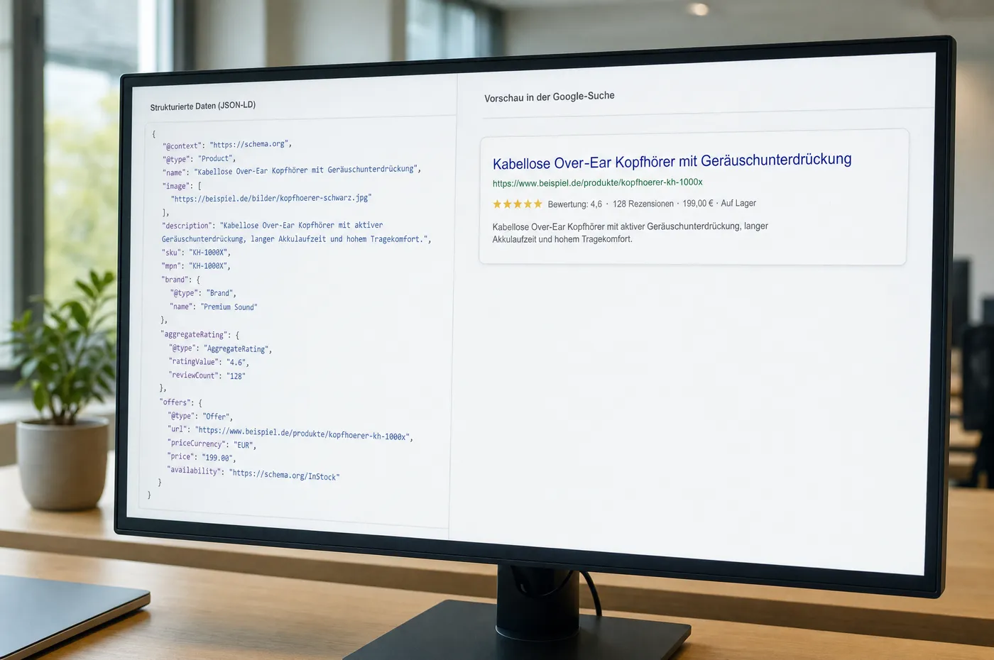 Bildschirm mit einem JSON-Codeblock links und dem daraus entstehenden angereicherten Suchergebnis mit Sternebewertung rechts