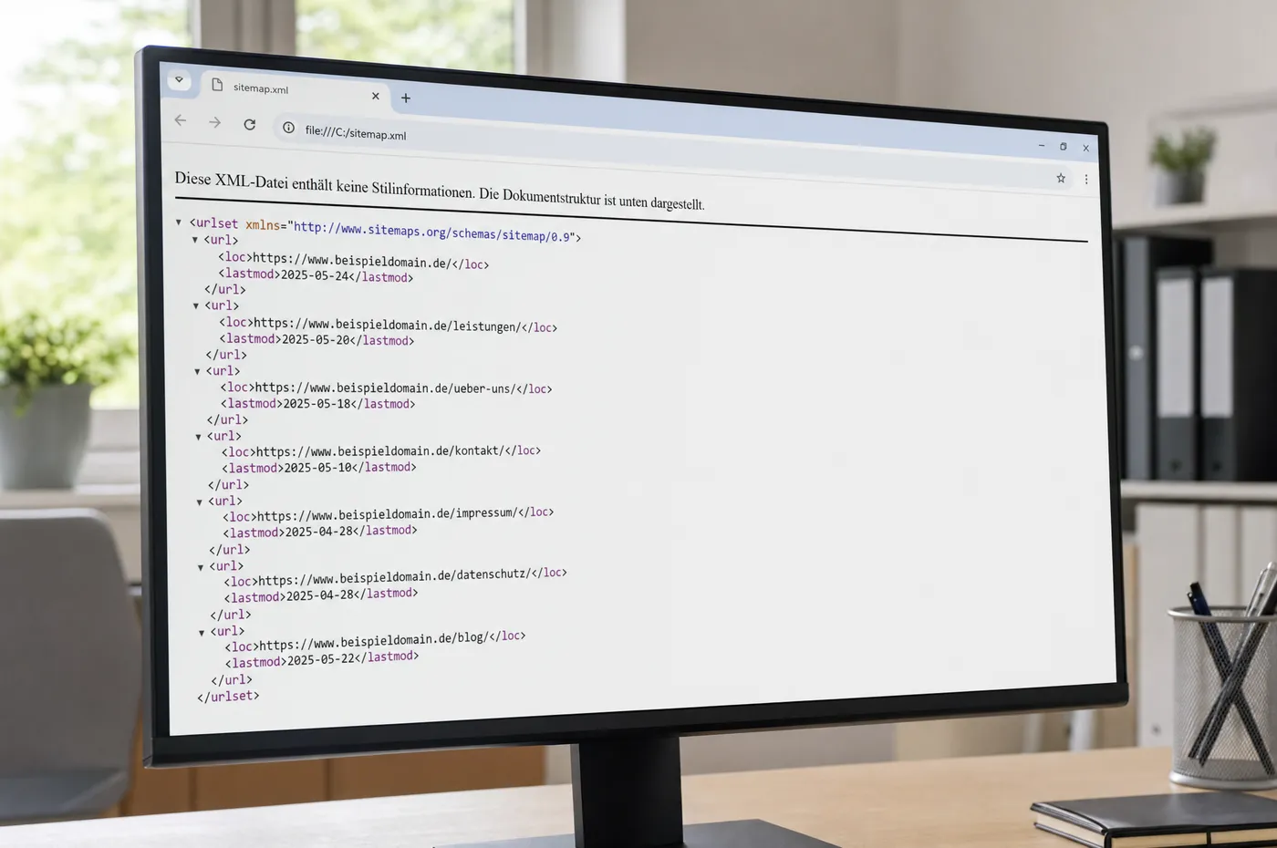 Bildschirm mit einer XML-Datei im Browser: Liste von Seitenadressen mit Datumsangaben, in der Adresszeile sitemap.xml