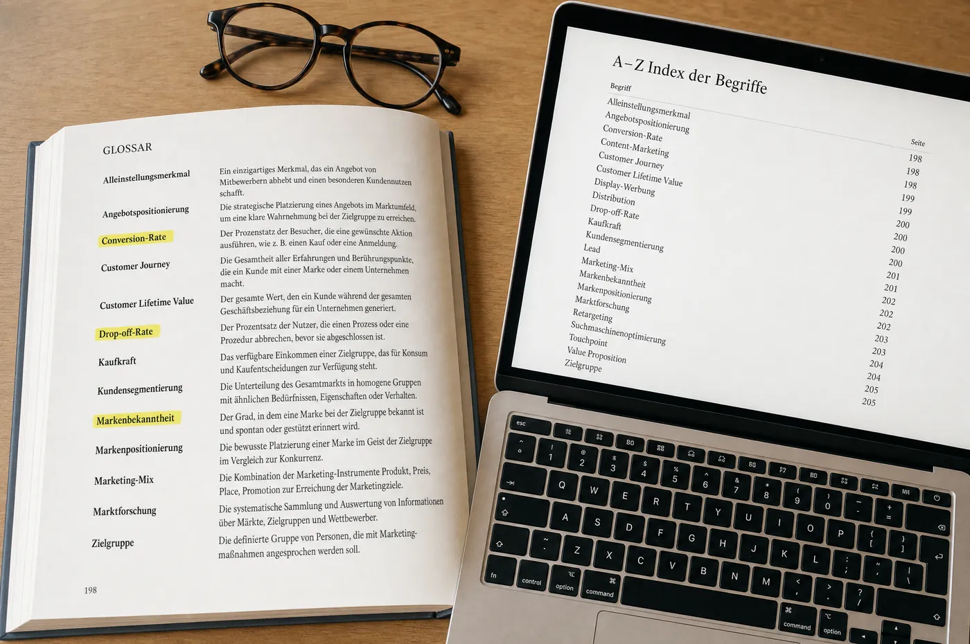Aufgeschlagenes Nachschlagewerk mit Begriffen und kurzen Erklärungen, daneben ein Laptop mit alphabetischer Übersicht