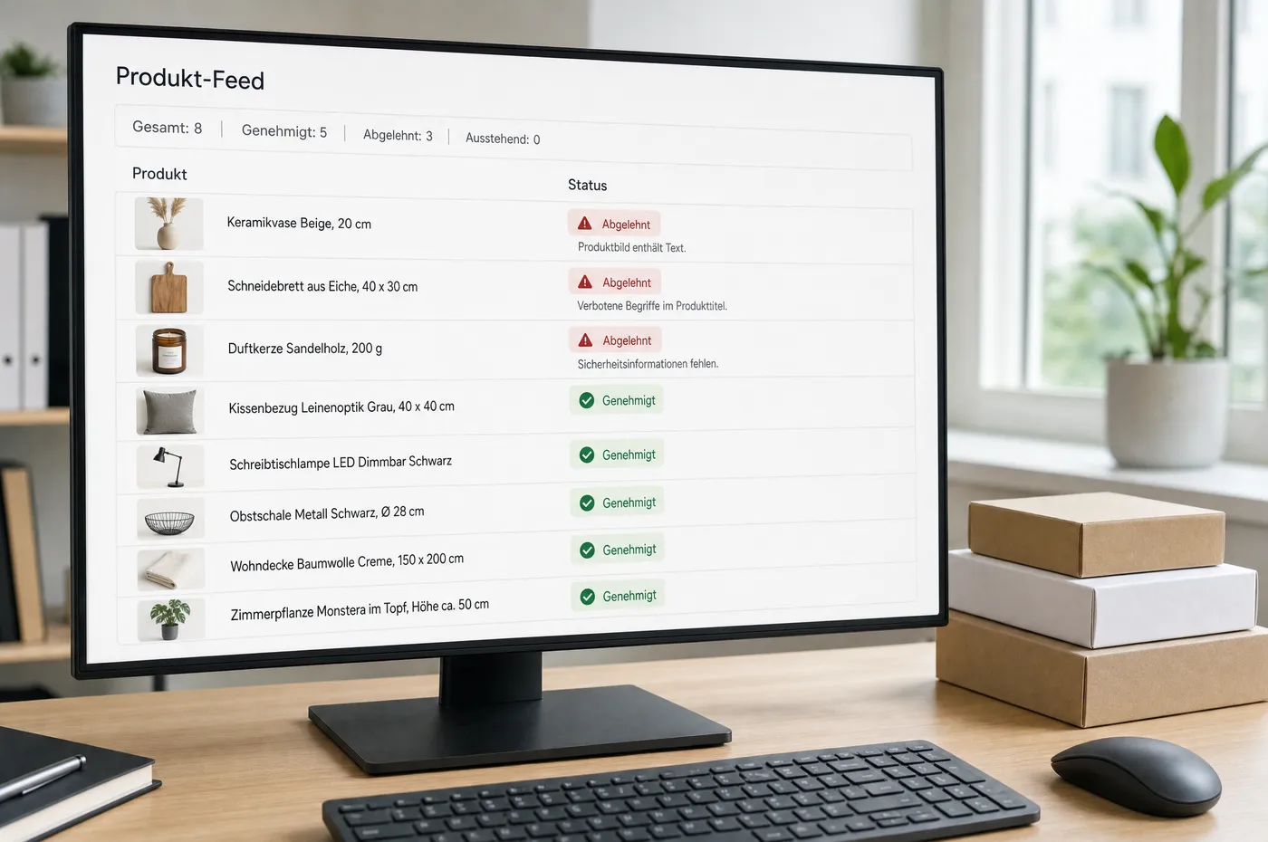 Bildschirm mit einer Produktfeed-Übersicht: fünf Artikel genehmigt, drei abgelehnt mit Begründung
