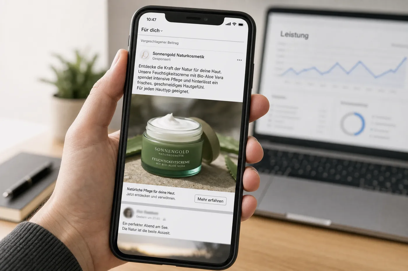 Smartphone mit einer Werbeanzeige im Feed: Produktbild, kurzer Anzeigentext und Schaltfläche