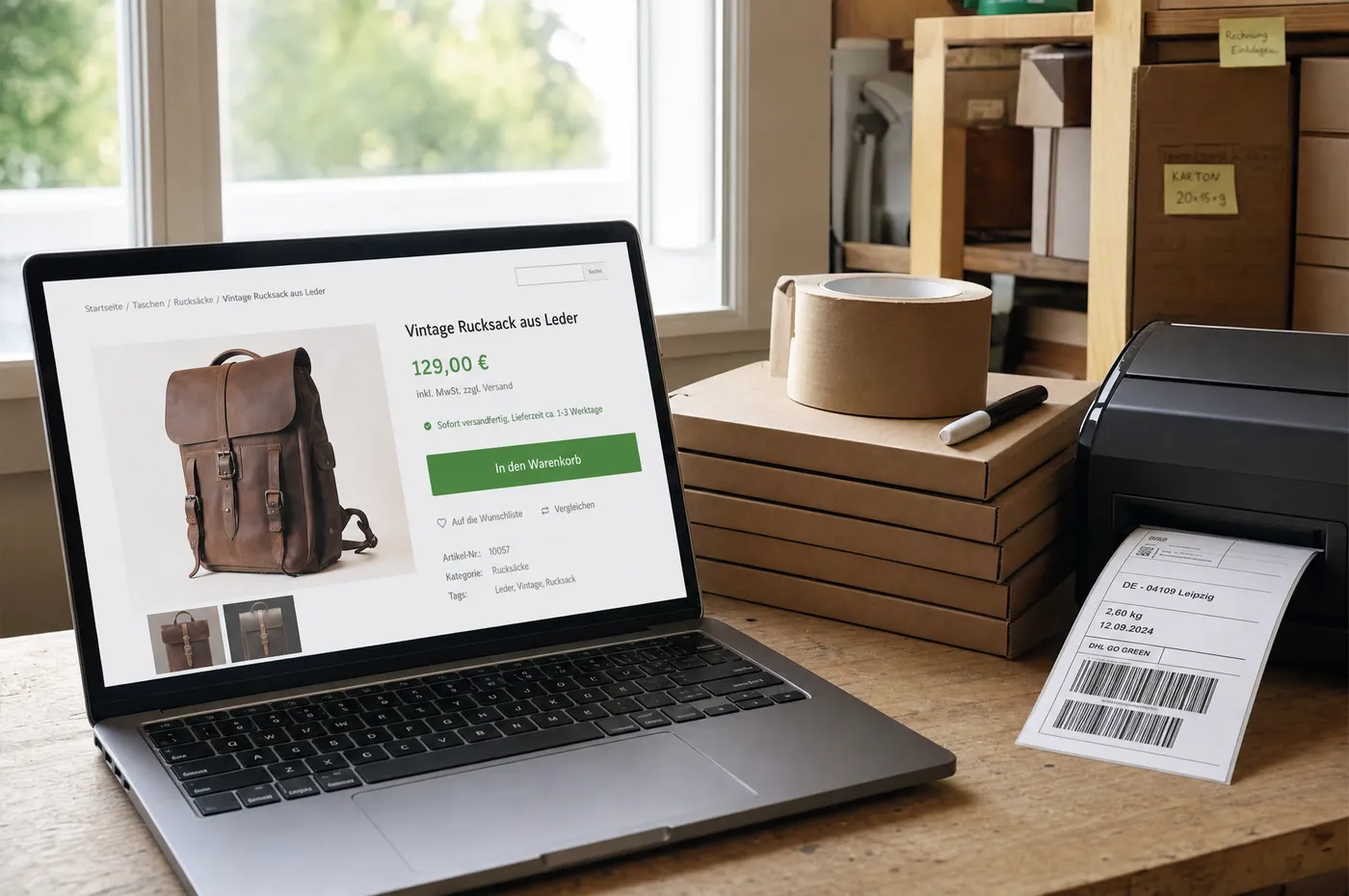Arbeitsplatz eines kleinen Onlineshops: Laptop mit Produktseite, daneben Versandkartons und Etikettendrucker