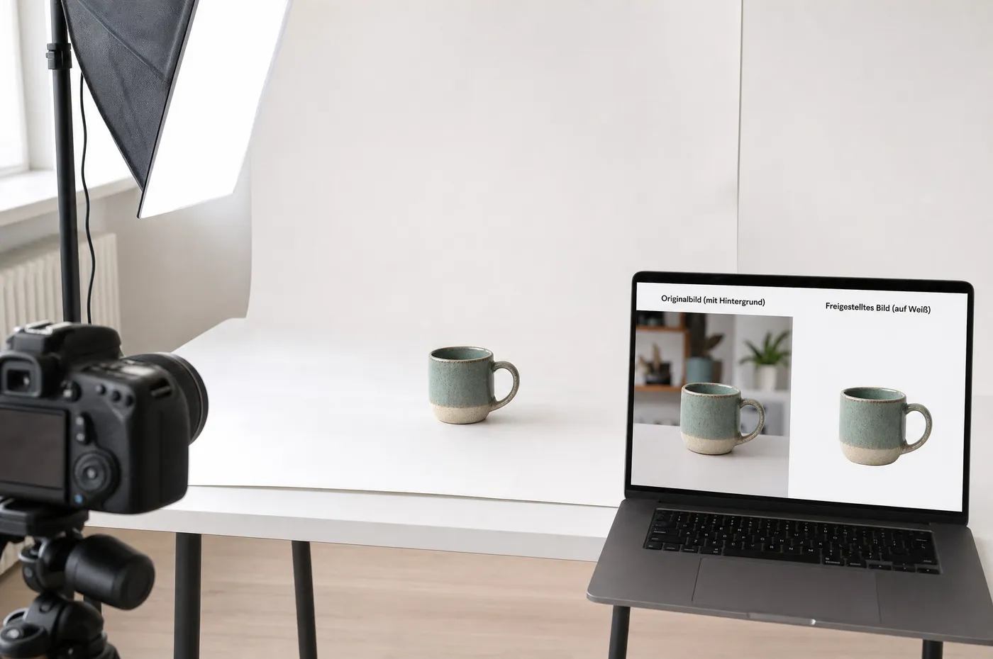 Produktfoto-Aufbau mit Kamera und Softbox, daneben ein Bildschirm mit demselben Produkt vor und nach dem Freistellen