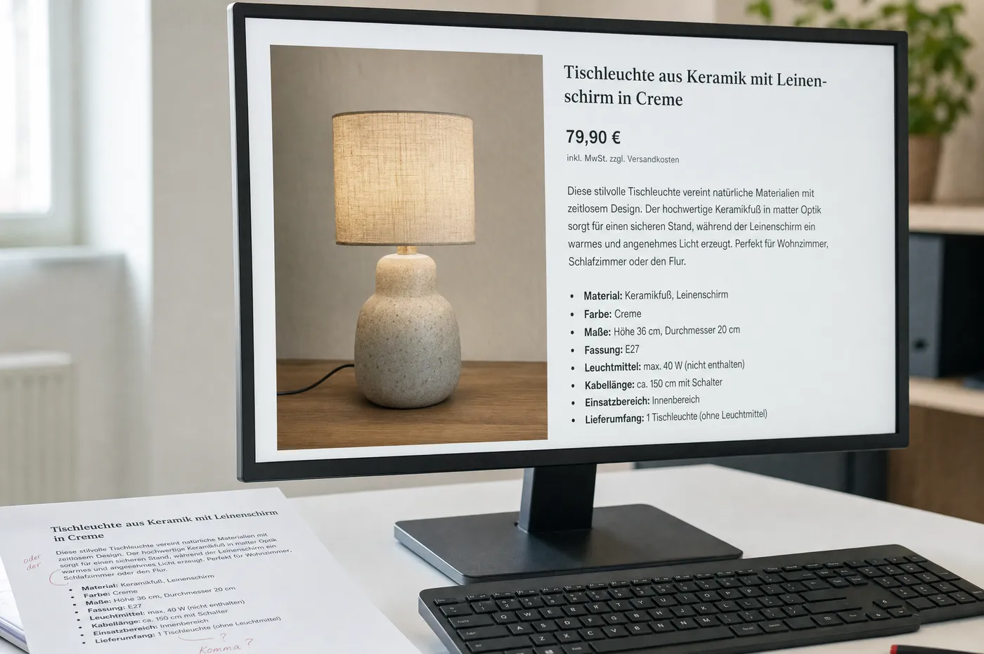 Monitor mit einer Shop-Produktseite: Bild, Preis und ein strukturierter Beschreibungstext mit Aufzählung