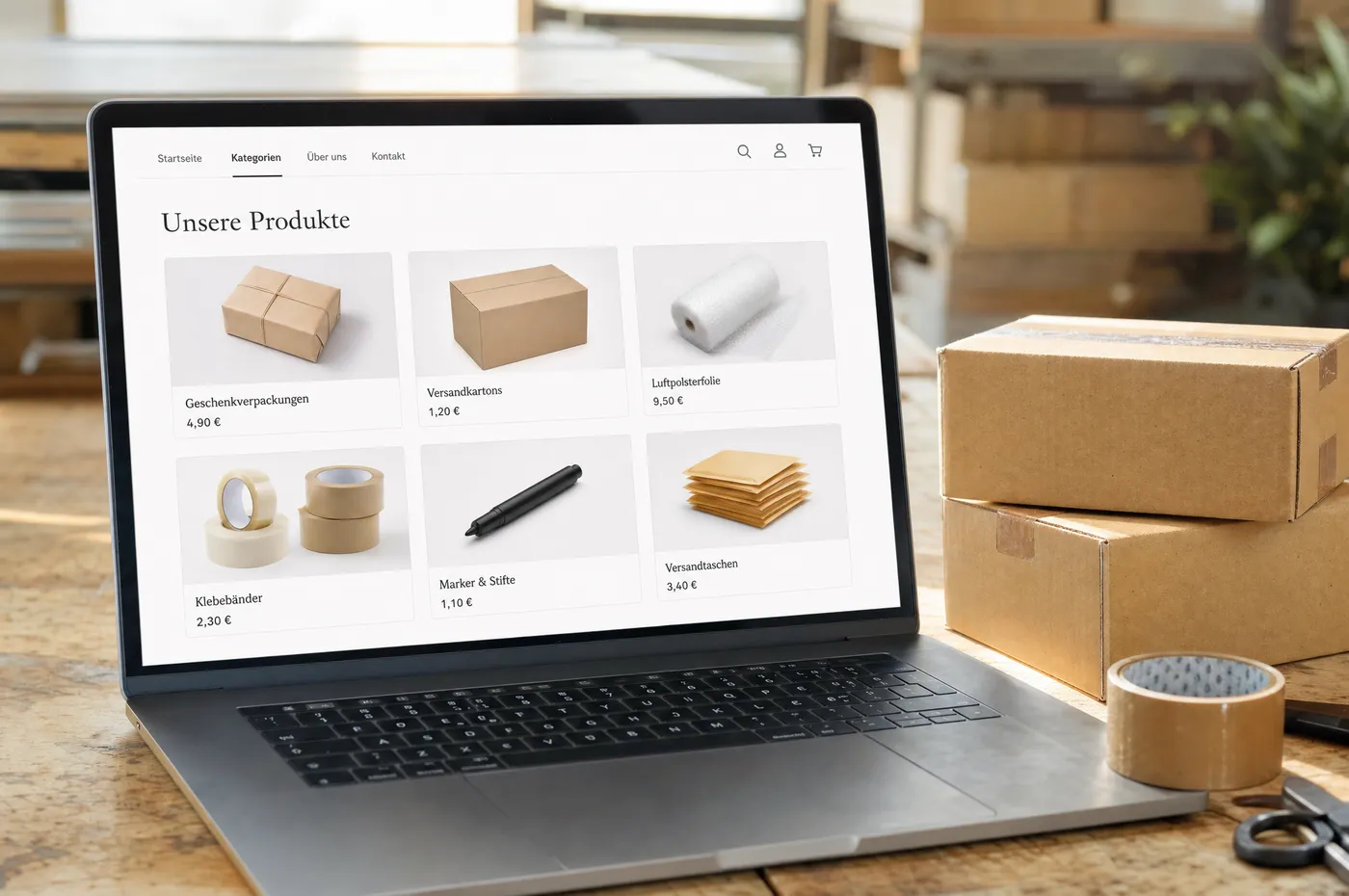 Laptop mit einer Shop-Kategorieseite aus sechs Produktkacheln, daneben zwei Versandkartons