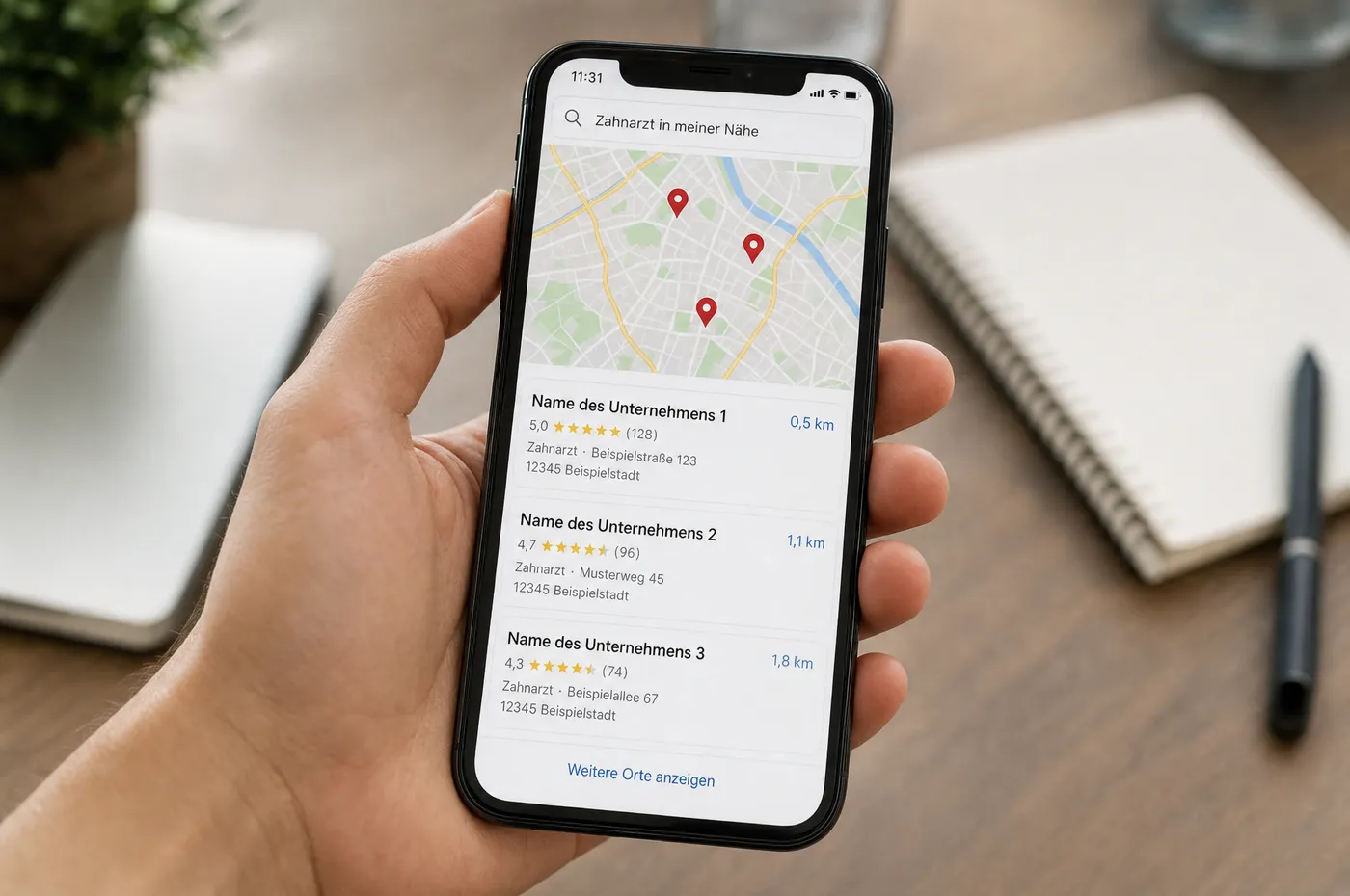 Smartphone mit lokalem Suchergebnis: Kartenausschnitt und darunter drei Einträge mit Bewertung und Entfernung