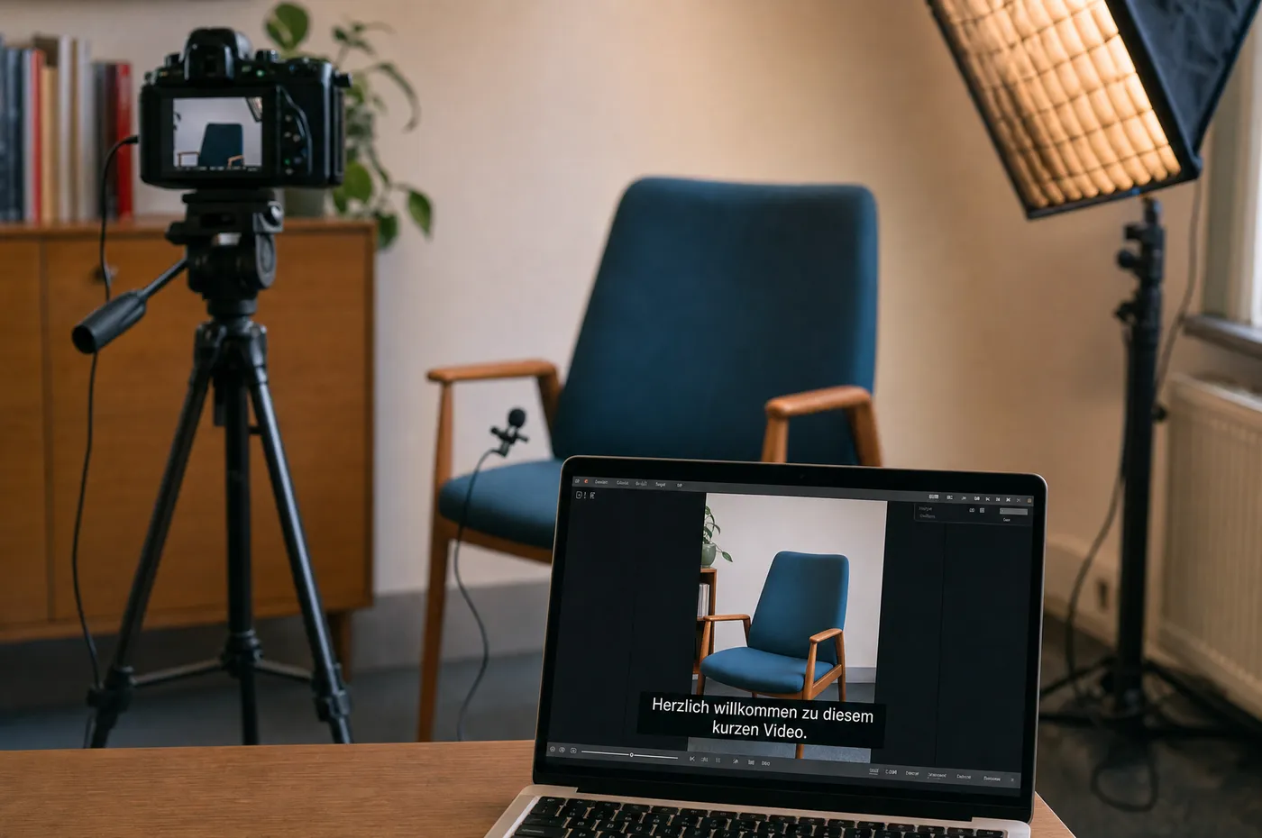 Kompakter Videoaufbau mit Kamera, Licht und Mikrofon, davor ein Laptop mit Hochformat-Vorschau und Untertiteln