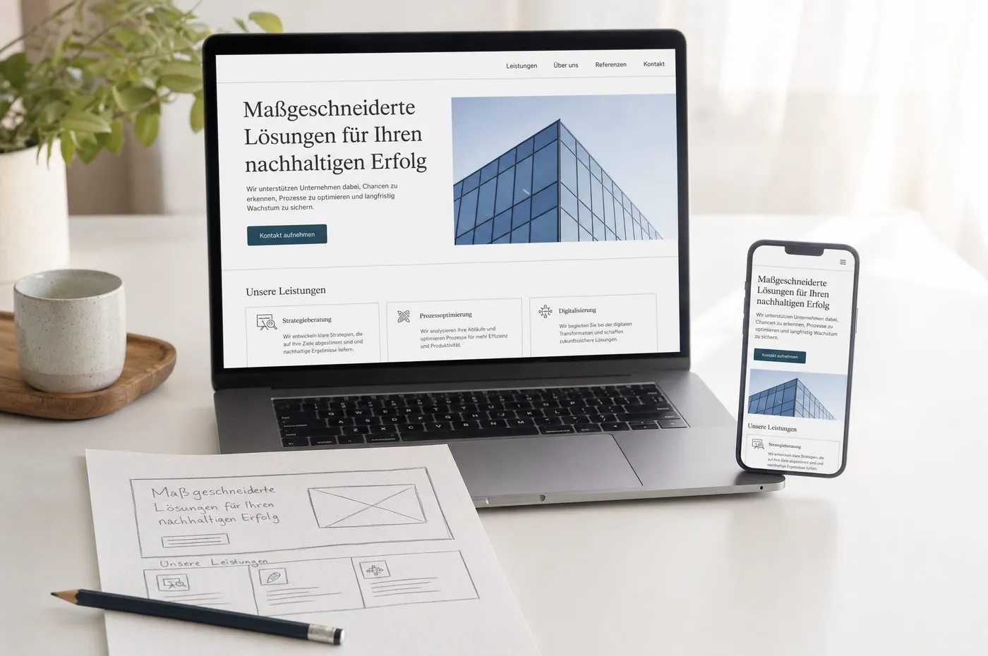Laptop und Smartphone nebeneinander mit derselben Website, daneben eine Layout-Skizze auf Papier
